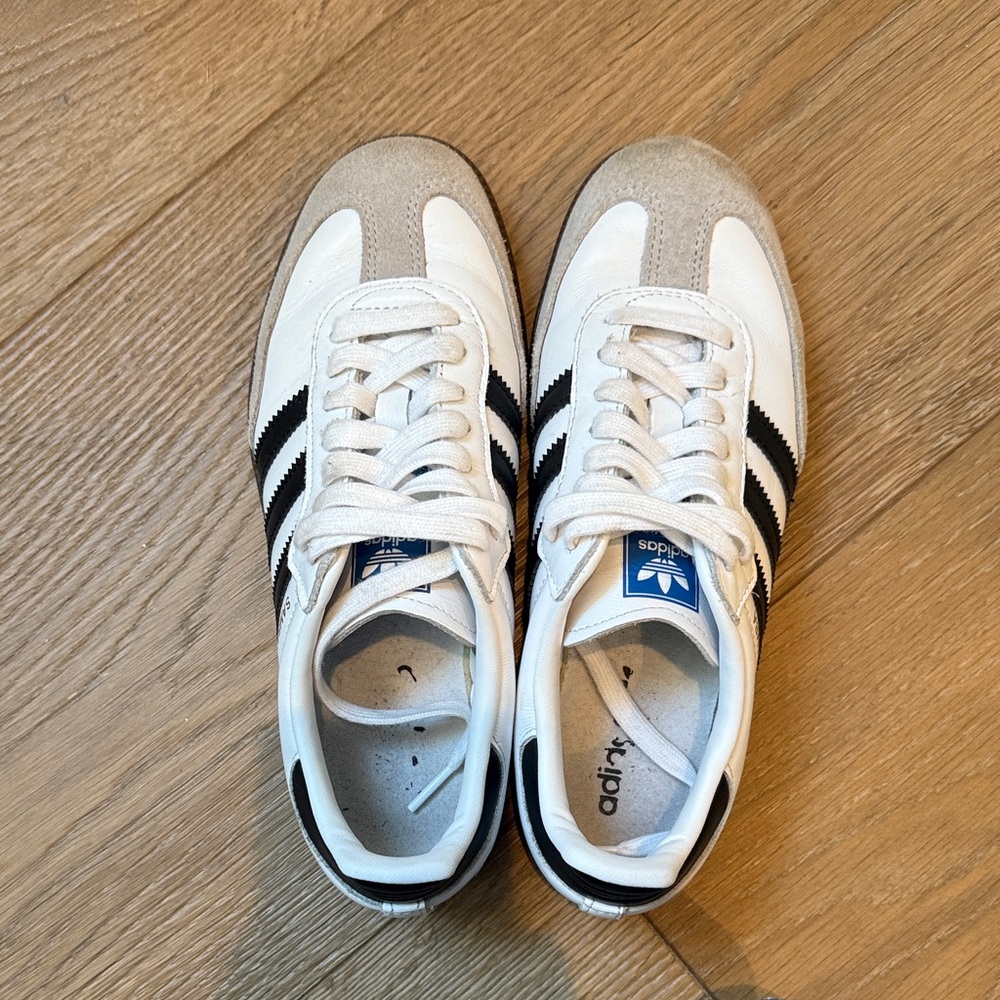 Adidas White and Black Sneakers with Tan Accents